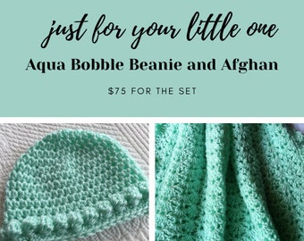 Baby Afghan and Beanie Set, Crochet Baby Beanie, Crochet Baby Afghan, Newborn Baby Afghan and Beanie, Baby Afghan, Crochet Blanket Aqua