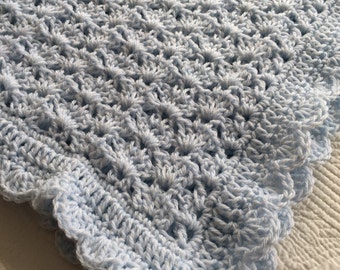 Baby Afghan in Blue and White, Crochet Baby Afghan, Crochet Baby Blanket, Newborn Baby Boy Blanket, Blue Afghan, Baby Boy Afghan, Photo Prop