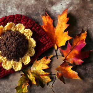 Crochet Hat with Flower, Cranberry Red Hat, Yellow Sunflower Hat, Halloween Hat, Thanksgiving Beanie, Little Girl Hat, Child Hat, Autumn Hat