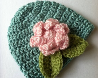 Crochet Baby Hat with Flower, Crochet Baby Hat, Newborn Hat, Baby Hat, Green Baby Hat, Hat with Flower, Baby Girl Hat, Infant Hat