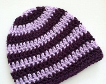 Purple and Lavender Stripe Beanie, Crochet Baby Hat, Newborn Hat, Baby Hat, Crochet Baby Beanie, Photo Prop, Purple Baby Hat