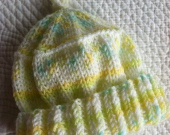 So Soft Knit Baby Hat, Cozy Knitted Baby Beanie, Snuggly Hat, Newborn Hat, Yellow and Green Baby Hat, Baby Beanie