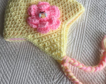 Crochet Hat with Earflaps, Yellow and Pink Hat, Crochet Hat with Flower, Newborn Hat, Hat with Fleece Lining, Hat with Earflaps, Owl Hat