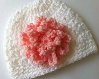 White Crochet Baby Hat with Flower, Crochet Baby Hat, Newborn Hat, Valentine Baby Hat, White Hat, Hat with Flower, Baby Girl Hat, Baptism