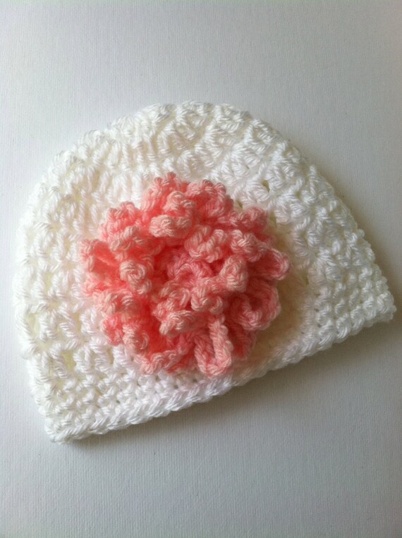 White Crochet Baby Hat With Flower, Crochet Baby Hat, Newborn Hat