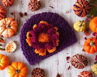 Halloween Baby Hat with Flower, Crochet Baby Hat, Newborn Hat, Orange Hat, Purple Hat, Hat with Flower, Baby Girl Hat, Spider Mum Baby Hat