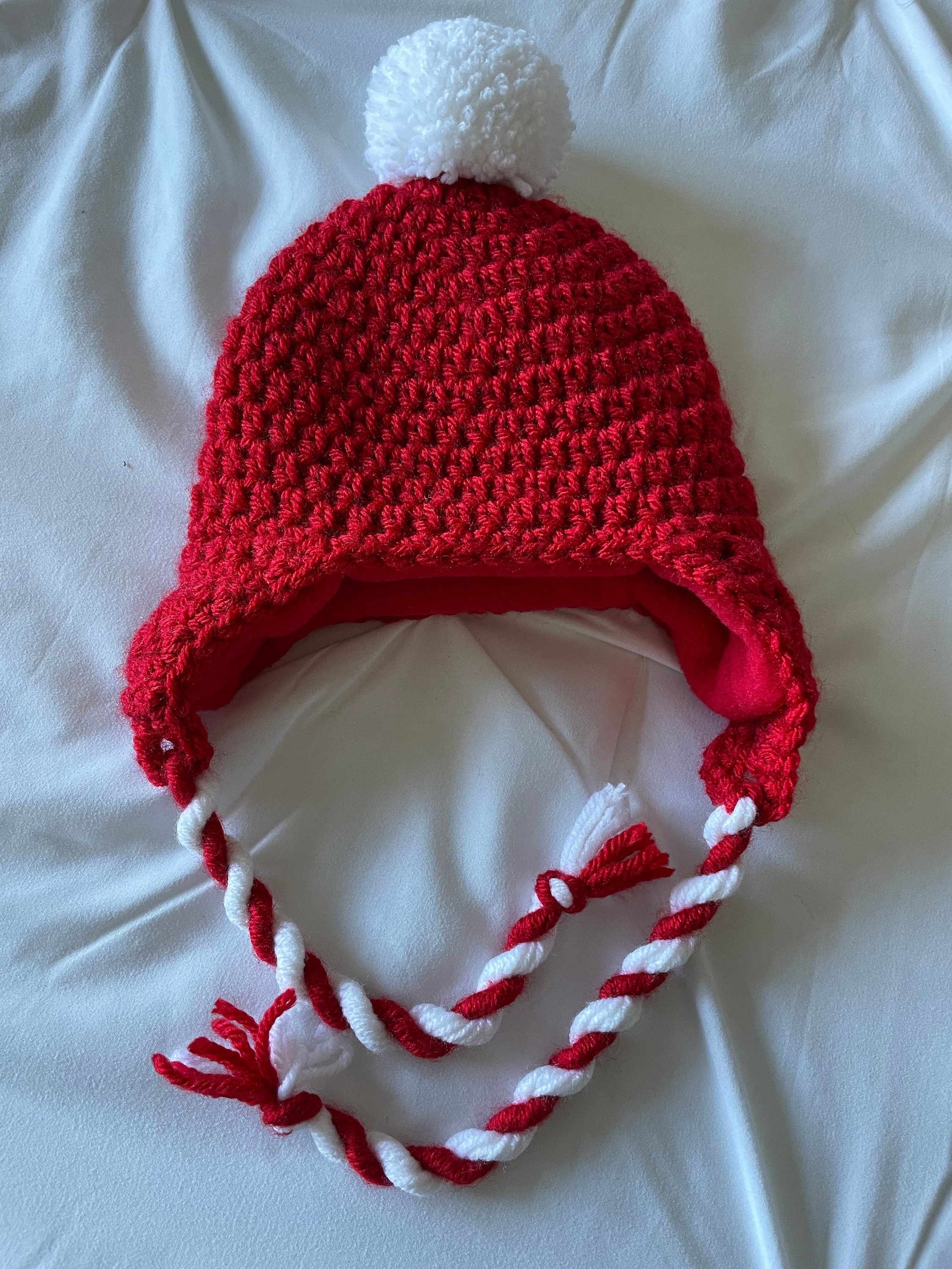 Crochet Hat With Earflaps Red and White Hat With Earflaps