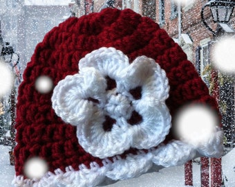 Newborn Baby Girl Red and White Crochet Hat wth Flower, Baby Hat, Photo Prop, Christmas Hat, Holiday Baby Hat