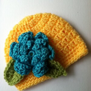 Crochet Baby Hat with Flower, Crochet Baby Hat, Newborn Hat, Baby Hat, Yellow Baby Hat, Hat with Flower, Baby Girl Hat, Infant Hat image 2