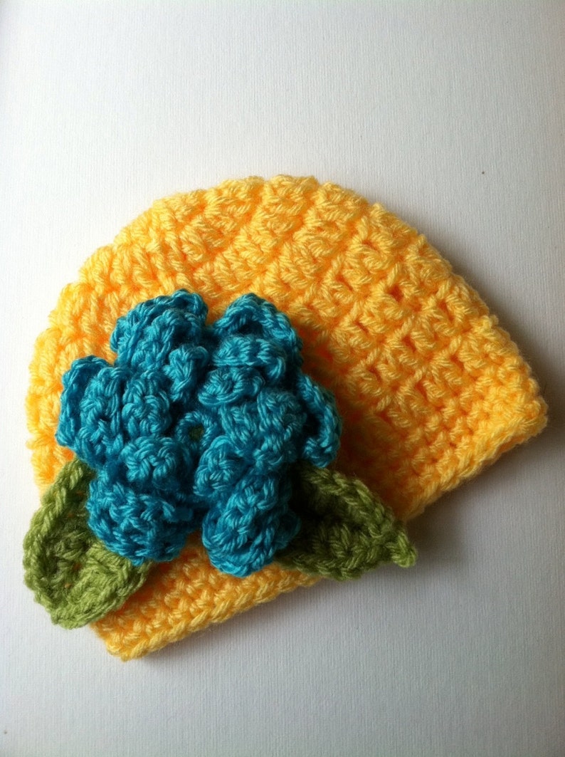 Crochet Baby Hat with Flower, Crochet Baby Hat, Newborn Hat, Baby Hat, Yellow Baby Hat, Hat with Flower, Baby Girl Hat, Infant Hat image 2