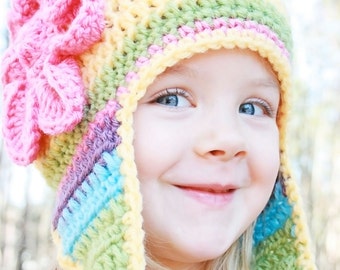 Yellow Earflap Hat with Flower, Crochet Baby Hat, Baby Hat, Crochet Hat for Little Girls, Christmas Hat, Newborn Hat
