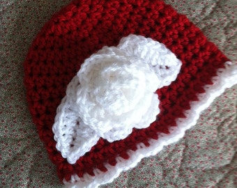 Red Crochet Baby Hat with Flower, Crochet Baby Hat, Newborn Hat, Baby Hat, Red Baby Hat, Hat with Flower, Baby Girl Hat, Christmas Hat