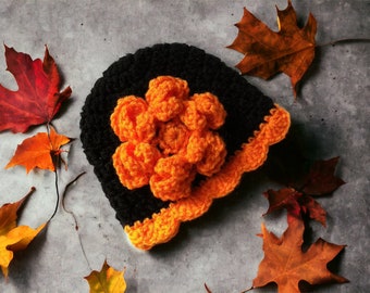 Halloween Baby Hat with Flower, Crochet Baby Hat, Newborn Hat, Orange Hat, Child Hat, Hat with Flower, Baby Girl Hat, Autumn Hat, Baby Hat