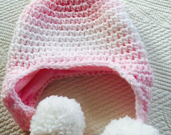 So Soft Pastel Pink and White Crochet Earflap Hat with Pompons, Pink Crochet Hat, Baby Hat, Toddler Hat, Hat with Lining, Little Girl Hat