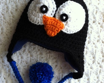 Penguin Hat with Fleece Lining, Child Animal Hat, Penguin Hat, Crochet Baby Hat, Winter Hat, Baby Hat, Newborn Hat, Child Hat