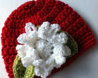 Red Crochet Baby Hat with Flower, Crochet Baby Hat, Newborn Hat, Baby Hat, Red Baby Hat, Hat with Flower, Baby Girl Hat, Christmas Hat