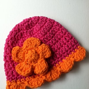 Crochet Baby Hat with Flower in Cotton, Photo Prop, Pink Baby Hat, Fuscia and Orange Baby Hat, Newborn, Baby Girl, Crochet Hat