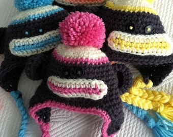 Sock Monkey Hat, Child Animal Hat, Monkey Hat, Crochet Baby Hat, Twin Hats, Baby Hat, Newborn Hat, Winter Hat