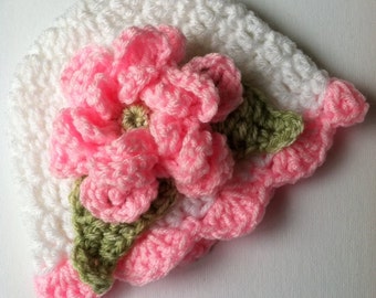 Crochet Baby Hat with Flower, Cherry Pink  and Light Pink Baby Hat, Newborn Hat with Flower, Valentine Baby Hat, Newborn Baby Hat