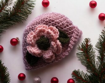 Baby Beanie, Downton Abbey-Inspired Baby Hat, Shabby Chic Crochet Hat, Rose Baby Hat, Newborn Hat, Baby Girl Hat, Pink Hat, Crochet Baby Hat