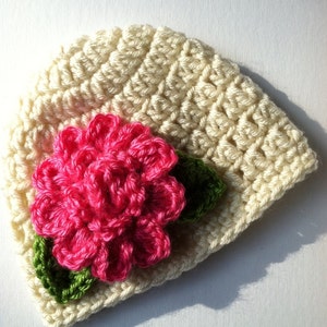 Cream Crochet Baby Hat with Flower, Crochet Baby Hat, Newborn Hat, Baby Hat, Cream Hat, Hat with Flower, Baby Girl Hat, Pink Baby Hat