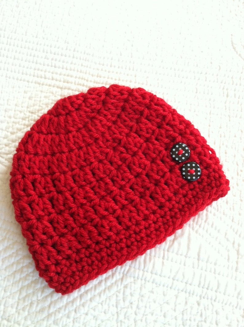 Christmas Red Baby Hat with Button Trim, Crochet Baby Hat, Newborn Hat, Baby Hat, Red Hat, Little Girl Hat, Baby Girl Hat, Christmas Hat image 1