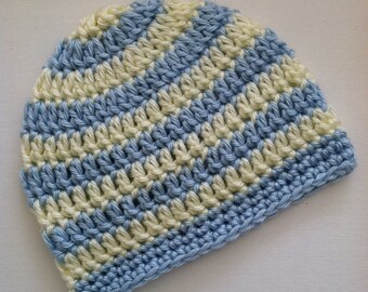 Baby Blue and Cream Stripe Beanie, Crochet Baby Hat, Newborn Hat, Baby Hat, Crochet Baby Beanie, Photo Prop