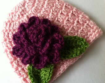 Crochet Baby Hat with Flower, Crochet Baby Hat, Newborn Hat, Baby Hat, Pink Baby Hat, Hat with Flower, Valentine Baby Hat, Infant Hat
