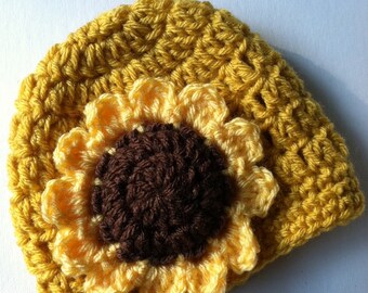 Crochet Hat with Sunflower, Kids Yellow Hat, Sunflower Hat, Fall Baby Hat, Newborn Hat, Little Girl Hat, Child Hat, Autumn Hat, Halloween