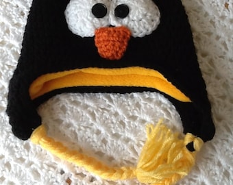 Fleece-Lined Penguin Hat with Yellow Ribbon, Child Animal Hat, Penguin Hat, Crochet Baby Hat, Winter Hat, Baby Hat, Newborn Hat, Child Hat