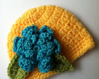 Crochet Baby Hat with Flower, Crochet Baby Hat, Newborn Hat, Baby Hat, Yellow Baby Hat, Hat with Flower, Baby Girl Hat, Infant Hat