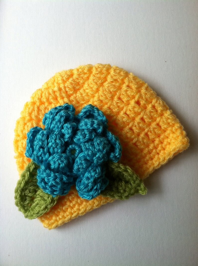 Crochet Baby Hat with Flower, Crochet Baby Hat, Newborn Hat, Baby Hat, Yellow Baby Hat, Hat with Flower, Baby Girl Hat, Infant Hat image 1