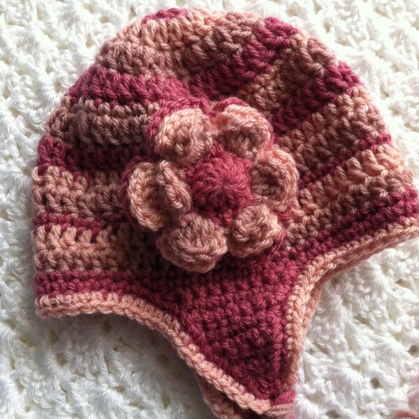 Crochet Hat with Flower, Pink Earflap Hat, Crochet Earflap Hat, Baby Hat, Newborn Hat, Baby Girl Hat, Pink EarflapHat, Crochet Baby Hat