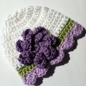 Crochet Baby Hat with Flower, White and Lavender Baby Hat, Newborn Hat with Flower, Crochet Baby Hat, Newborn Baby Hat