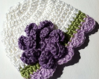 Crochet Baby Hat with Flower, White and Lavender Baby Hat, Newborn Hat with Flower, Crochet Baby Hat, Newborn Baby Hat