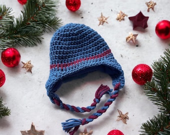 Crochet Hat with Earflaps, Blue and Maroon Hat with Earflaps, Christmas Hat, Snow, Baby Hat, Boys Earflap Hat, Hat with Fleece Lining