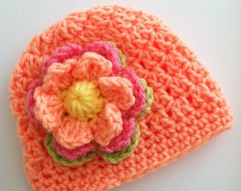 Crochet Baby Hat with Flower, Crochet Baby Hat, Newborn Hat, Baby Hat, Peach Baby Hat, Hat with Flower, Baby Girl Hat, Baby Beanie