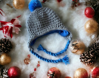 Crochet Hat with Earflaps, Gray and Blue Hat with Earflaps, Christmas Hat, Snow, Baby Hat, Hat with Pom pons, Hat with Fleece Lining