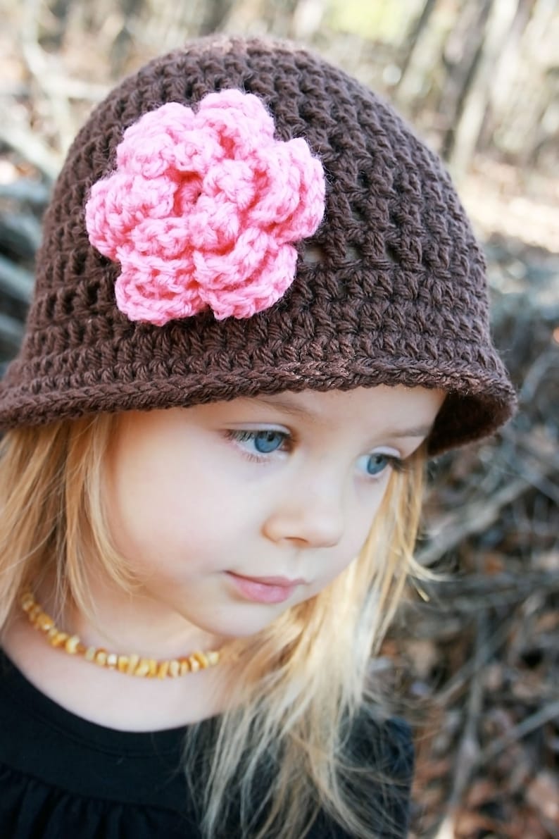 Crochet Hat with Flower Chocolate Brown Pink Rose Photo | Etsy