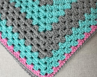 Baby Blanket, Baby Afghan, Aqua, Gray and Pink Baby Blanket, Crochet Baby Blanket, Baby Shower Gift, Baby Blanket Girl, Snuggle Blanket