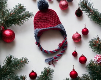 Crochet Hat with Earflaps, Red and Gray Hat with Earflaps, Christmas Hat, Baby Hat, Hat with Pompon, Hat with Fleece Lining