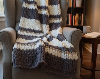 Chunky Knit Blanket | Gray and Cream Striped Throw, Handmade Mountain Decor