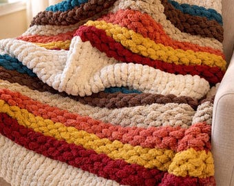 Chunky Knit Blanket – Earthy Mountain Stripe Throw, Chenille Yarn, Cozy Home Decor