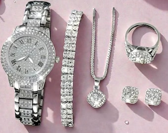 6-Piece Watch & Jewellery Gift Set for Her | Silver or Gold Tone Complete Collection