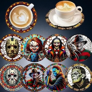 May include: A collection of round coasters featuring horror movie characters in a stained-glass style. The coasters showcase images of Jason Voorhees, Chucky, Freddy Krueger, and others. Two cups of coffee sit atop matching coasters.