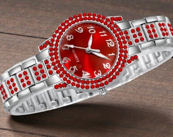 Bold Silver Red Quartz Watch | Zinc Alloy Case Wristwatch for Men & Women
