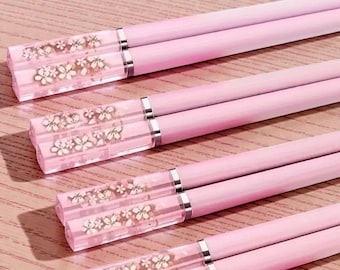 Eetstokjes roze kersenbloesem | 5-paar herbruikbare lichtmetalen set voor sushi en noedels