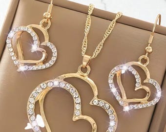 Conjunto de joyas con colgante de corazón / Collar y pendientes de 3 piezas en tono plateado o dorado