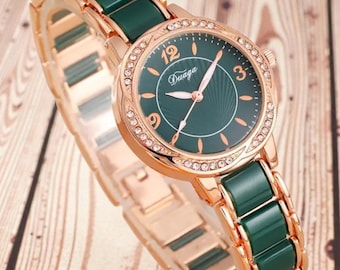 Watch Bracelet Gift Set for Her | Gold Tone Watch with Green Heart Charm & Strap