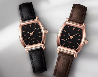 Rose Gold Quartz Watch | Square Roman Numeral Dial & Leather Strap (Black or Brown)